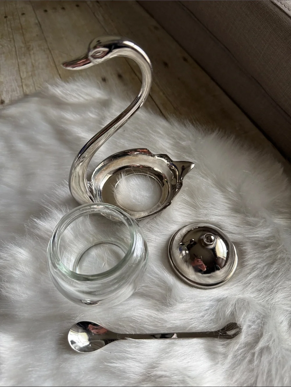 Vintage Silver Swirl Swan Glass Jam Pot with Lid & Spoon